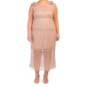 Women’s plus size Elegant shimmery Tan Sleeveless Dress with bows NWOT